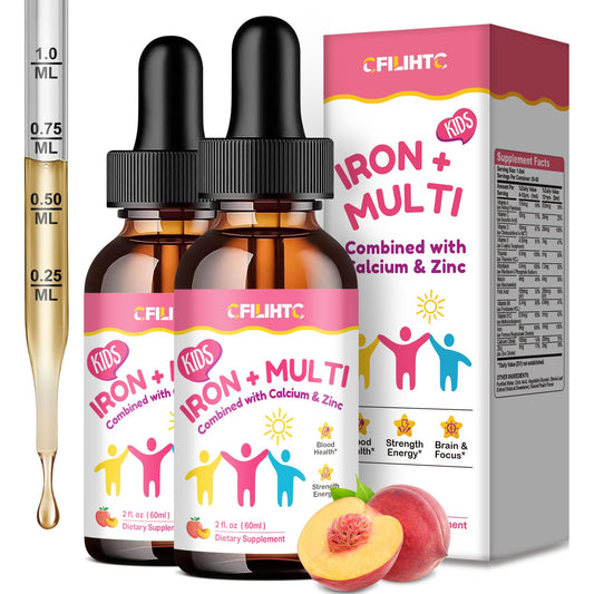 CFILIHTC liquid iron drops bottle with peach flavor for kid-friendly daily iron support.