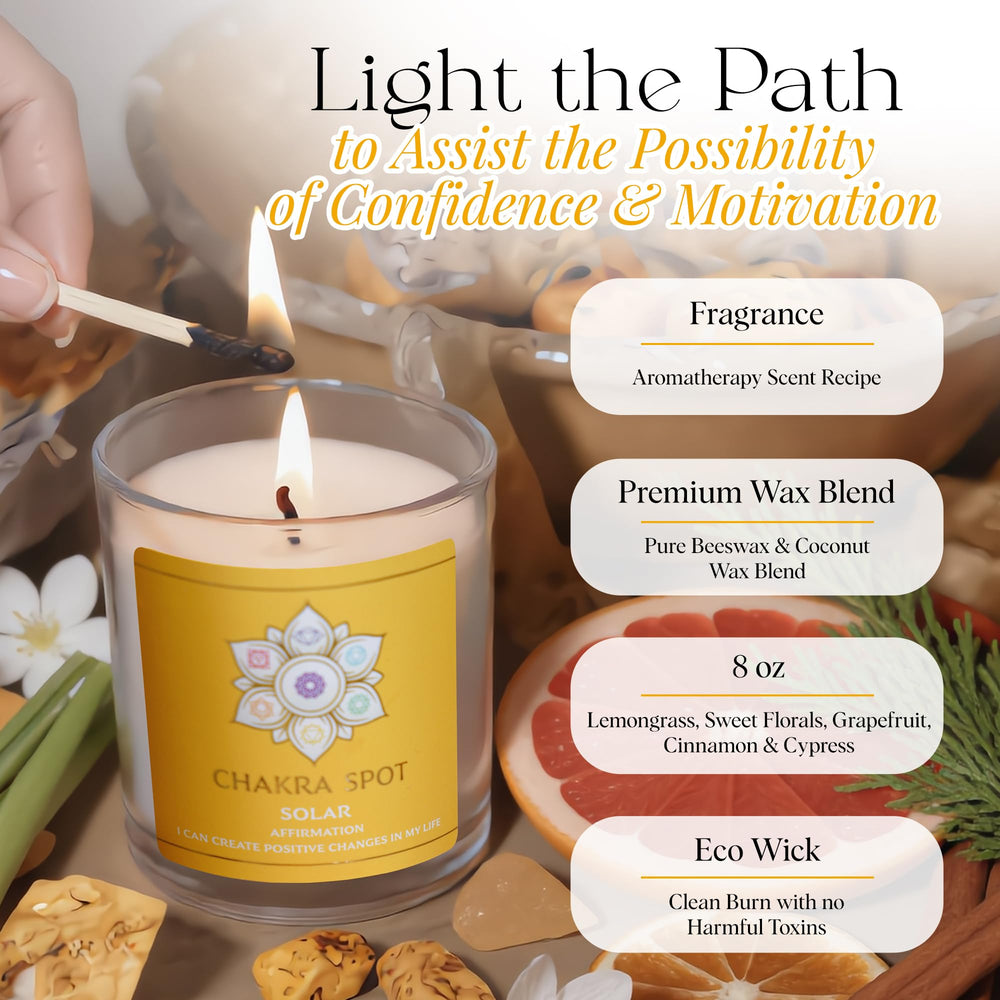 Chakra Spot Solar Chakra Candle lemongrass aroma for uplifting ambiance.