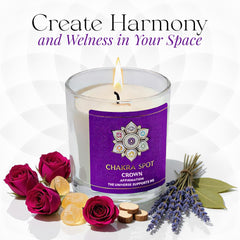 Chakra Spot Crown Chakra candle in purple ambiance for serene space.