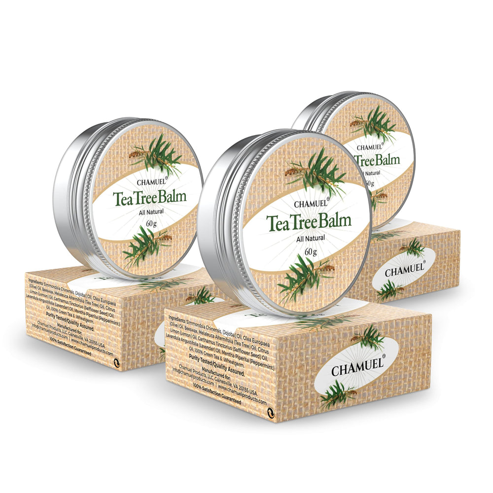 Chamuel Tea Tree Oil Balm packaging front for easy on-the-go soothing