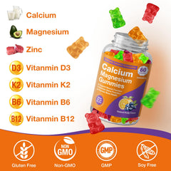 CHANUBITO calcium magnesium zinc gummies on white background highlighting comprehensive formula
