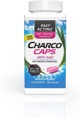 Charcocaps anti-gas capsules packaging shot highlighting 4-bottle pack for home and travel use.