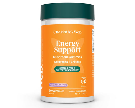 Charlotte's Web Energy Support Gummies bottle with peach iced tea flavor for caffeine-free energy.