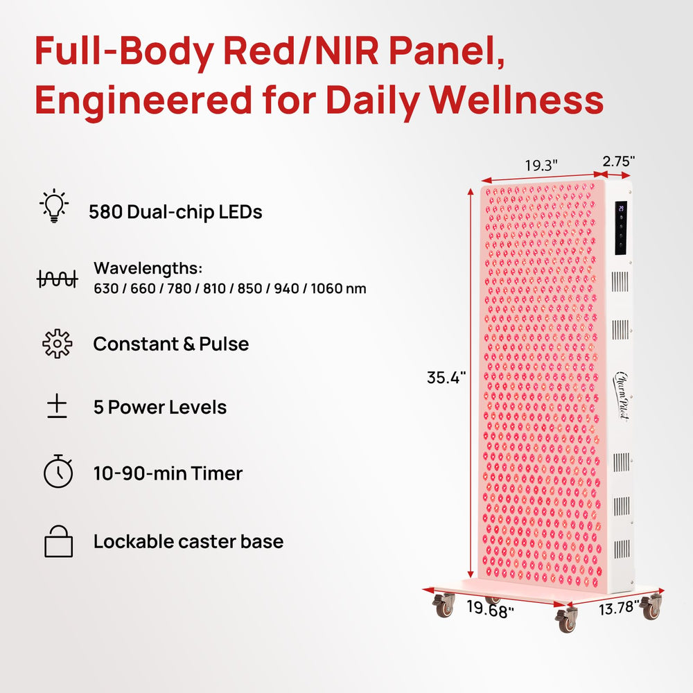 Charmpilot red light panel, side view, demonstrates even illumination across shoulders and back.