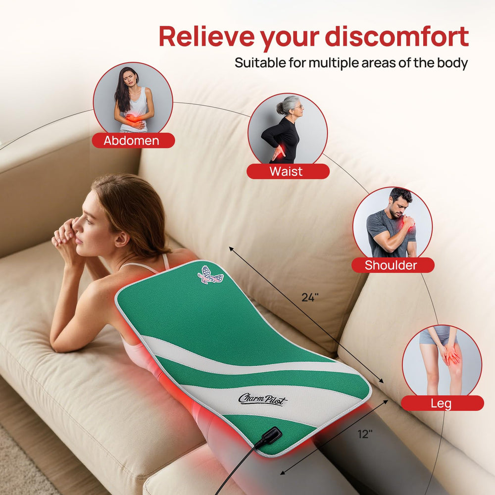 Charmpilot red light therapy pad wrapped around body for adjustable fit.