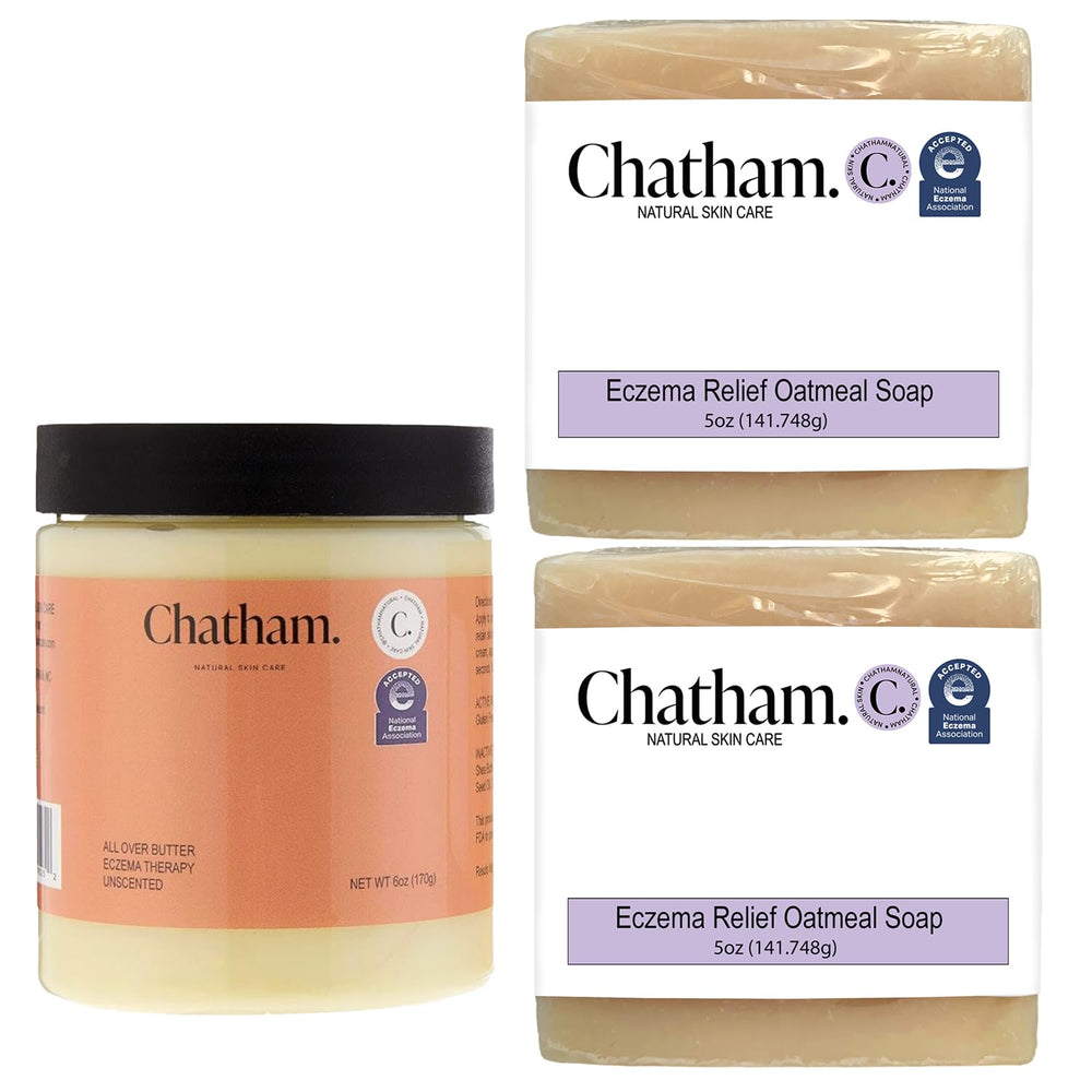 Chatham Over Butter Eczema Therapy bottle with ceramide oils soothing dry skin.