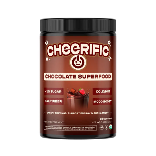 Cheerific dark chocolate powder tub shows rich flavor for a dessert-like treat.