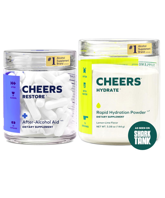 Cheers Classic Combo bottle with capsules, supports hydration after alcohol intake.