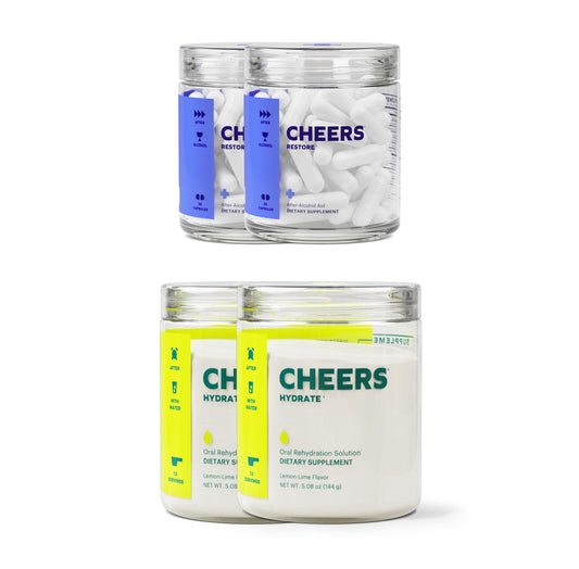Cheers Classic Combo Restore bottle promotes post drinking support for a balanced morning.
