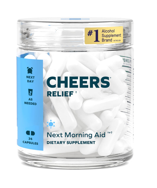 Cheers Relief ginger bottle highlighting natural ginger support after drinking.