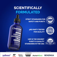 Chemist Labs methylene blue-liquid pour demonstrates a clear, measured serving for daily use.