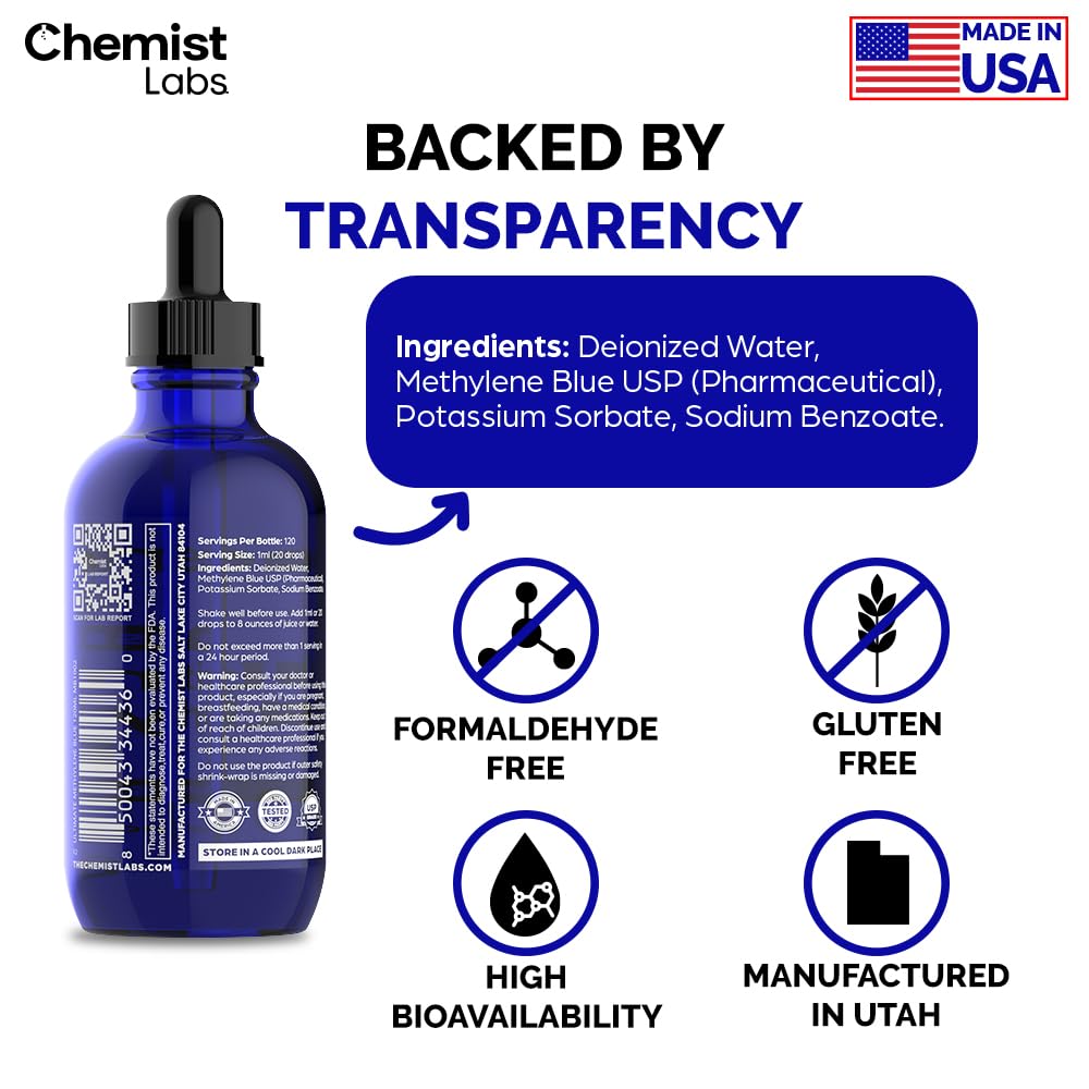 Chemist Labs Methylene Blue formaldehyde-free packaging highlights safety.