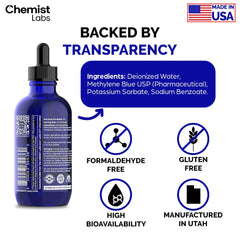 Chemist Labs Methylene Blue formaldehyde-free packaging highlights safety.