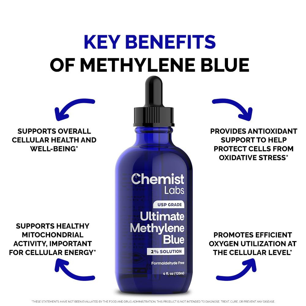 Chemist Labs methylene blue liquid visual showcases pharmaceutical-grade blue solution.