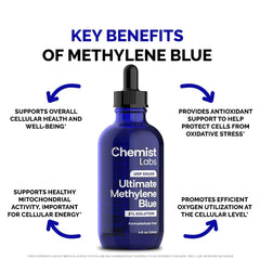 Chemist Labs methylene blue liquid visual showcases pharmaceutical-grade blue solution.
