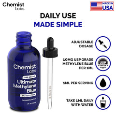 Chemist Labs Methylene Blue made in USA bottle signals GMP quality.