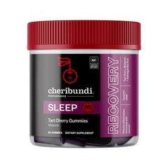 Cheribundi Sleep Gummies jar close-up highlights sleep support and flavor.