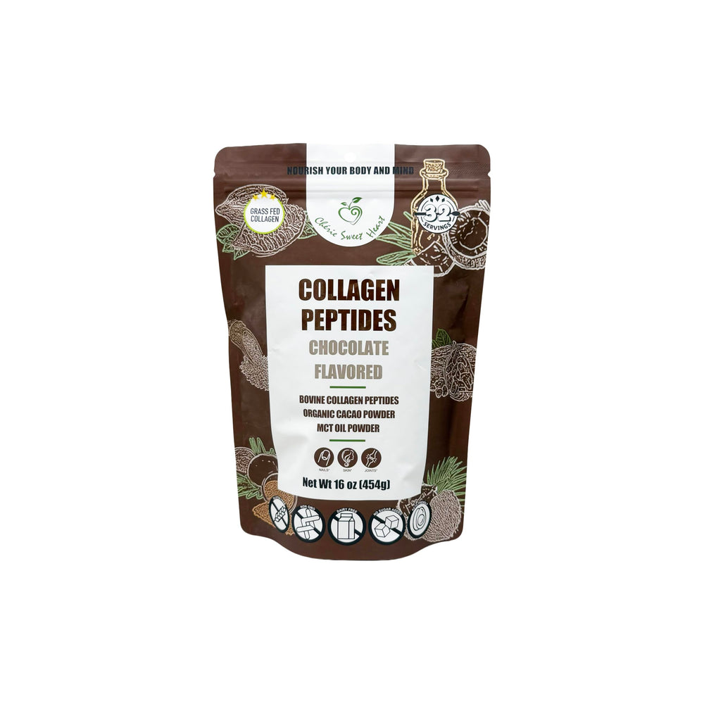 Cherie Sweet Heart collagen powder chocolate tub, smooth texture for easy daily mixing and vitality.