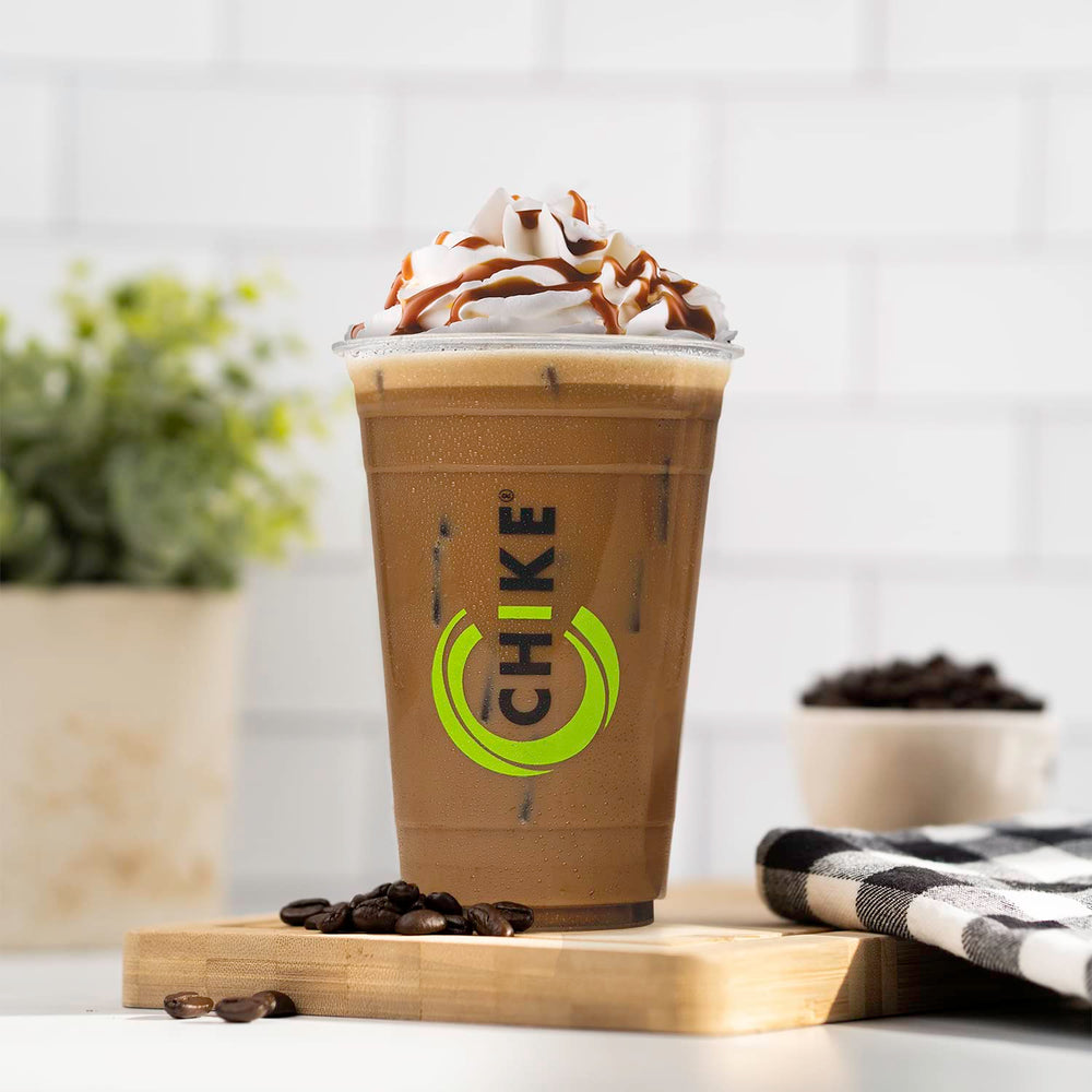 Label shows caffeine content and ingredients for CHIKE Cinnamon High Protein Iced Coffee.