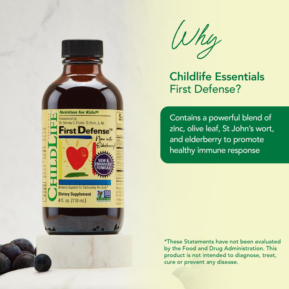 Close-up label of First Defense highlighting elderberry and zinc ingredients.