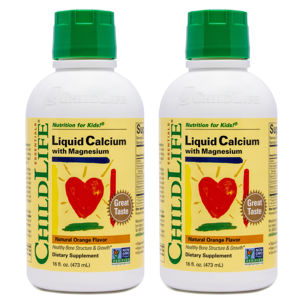 ChildLife Essentials liquid calcium bottle with orange flavor for kids.