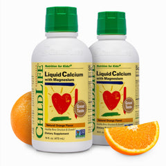ChildLife Essentials liquid calcium bottle on kitchen counter for daily bone support.