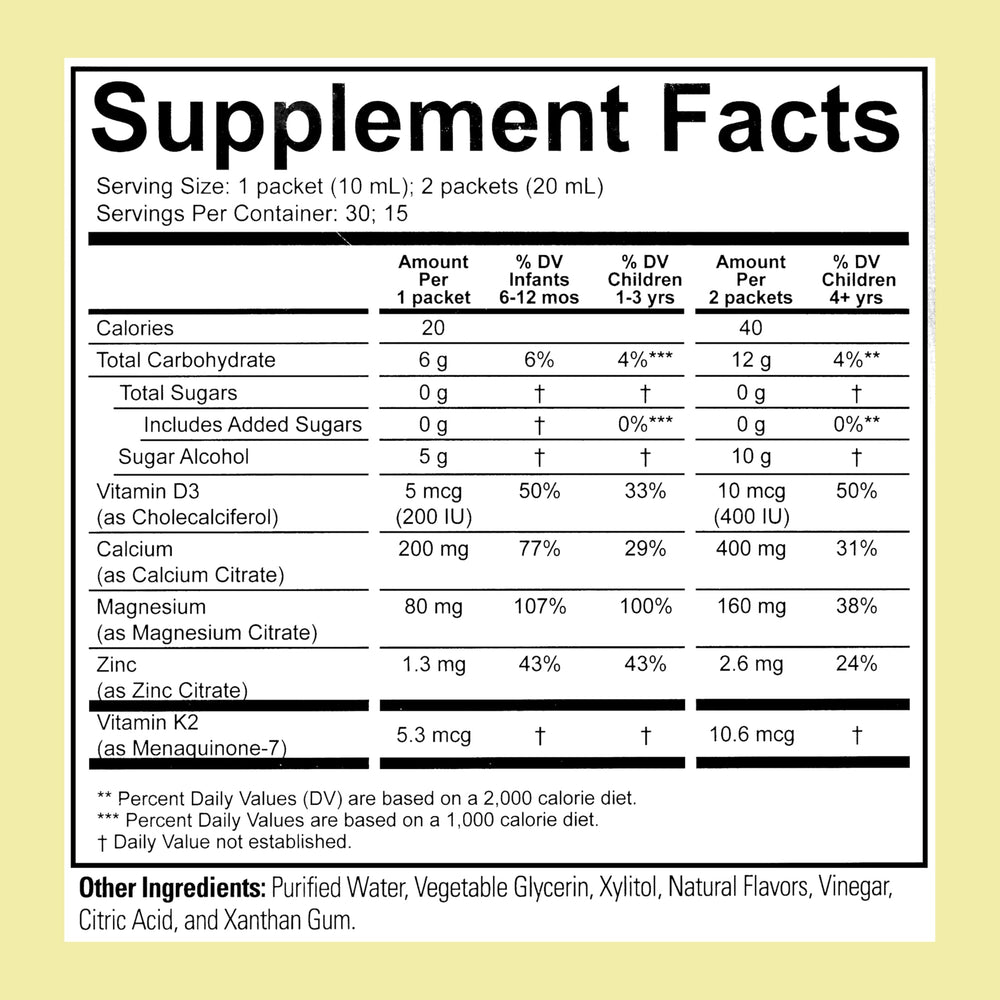 ChildLife Essentials liquid calcium dosage illustration showing age-based serving guidance.
