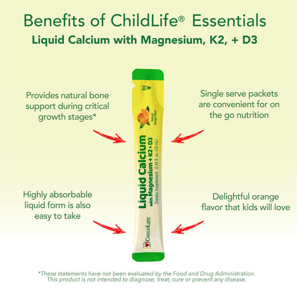 ChildLife Essentials vitamin D3 and K2 visual showing bone-support nutrients for development.