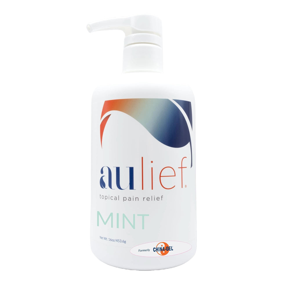 China-Gel Aulief Pain Relief Cream mint-green bottle for targeted relief of sore muscles.