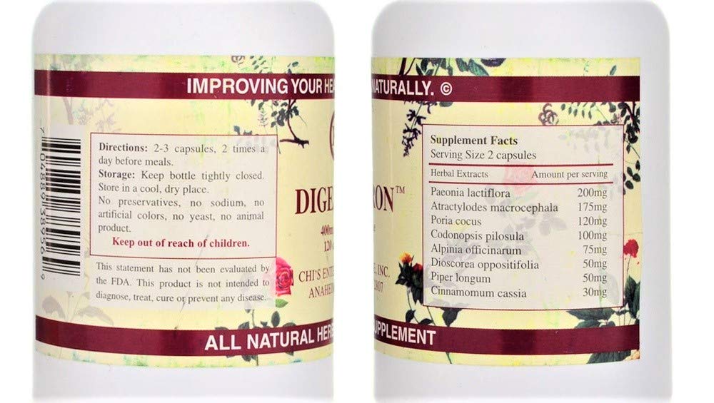 Chi's Enterprise Digestron capsules close-up highlighting herbal enzymes for digestive health