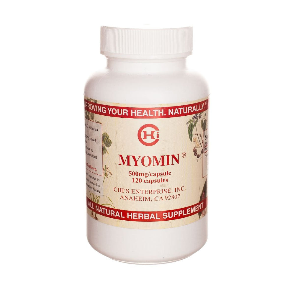 Chi's Enterprise Myomin bottle showcases 120 capsules for a daily wellness routine.