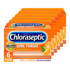Chloraseptic Citrus lozenges 18-count pack front view for quick throat relief on the go.