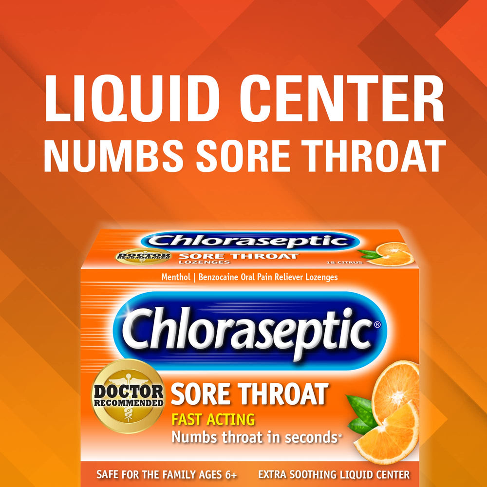 Chloraseptic Sore Throat Lozenges liquid center close-up for soothing sensation.