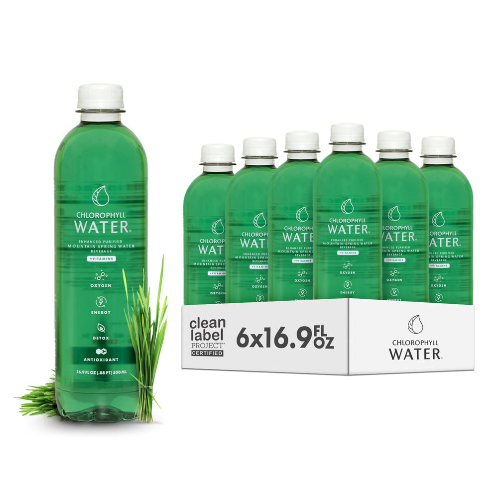 Chlorophyll Water bottle six-pack on counter, ready for daily hydration.