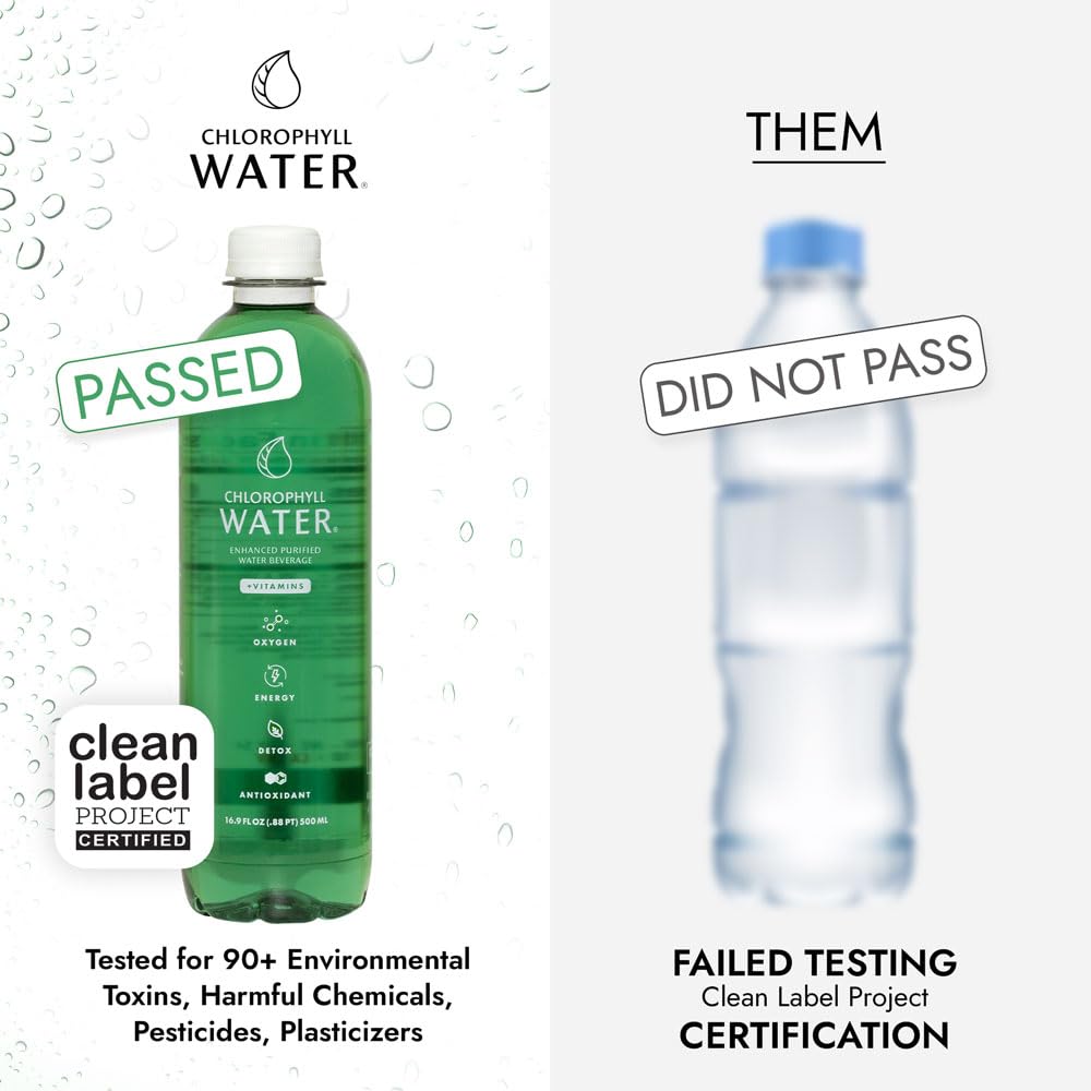 Chlorophyll Water packaging using recycled plastic and eco labels.