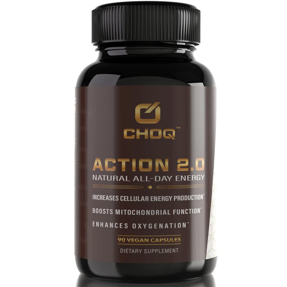 CHOQ Action 2.0 bottle front promoting steady energy and daily wellness.