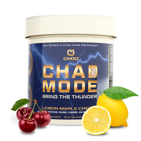 CHOQ Chad Mode pre workout powder tub label highlighting clean energy potential