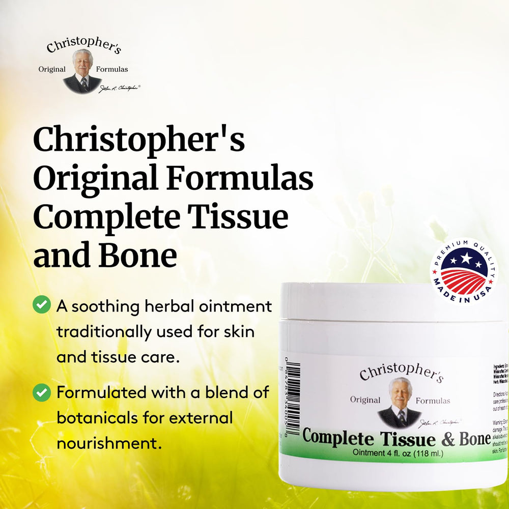 Jar of Christopher's Complete Tissue & Bone Ointment ready for use on affected areas.