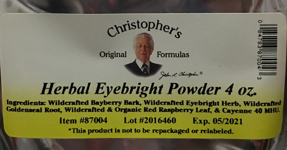 Christopher's Original Formulas Eyebright Powder label highlighting herbal blend
