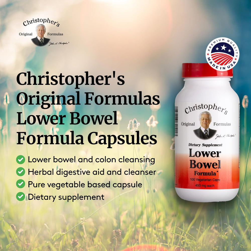 Christopher's Original Formulas Lower Bowel Cleanse ingredients showcase calming herbs for digestion.