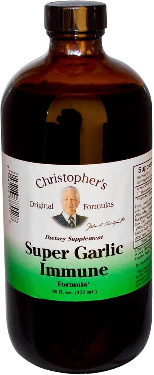 Christopher's Original Formulas Super Garlic Immune Syrup bottle front showing pure herbal blend for daily wellness