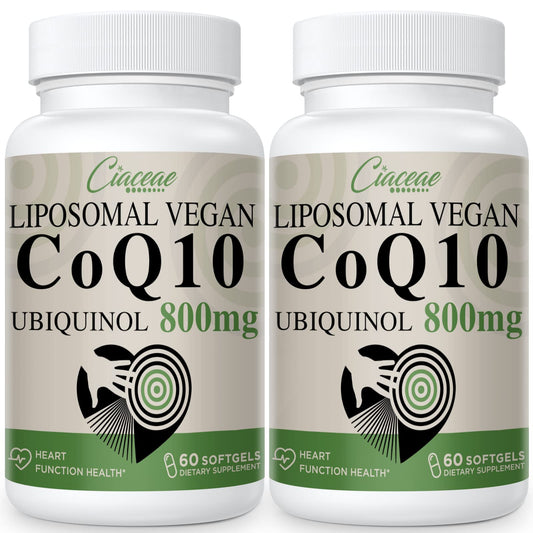 Ciaceae Liposomal CoQ10 800mg bottle shown, emphasizing high absorption and vegan softgels.