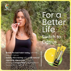 Close-up of Cigtrus inhaler showing natural non-electric design for nicotine-free relief.