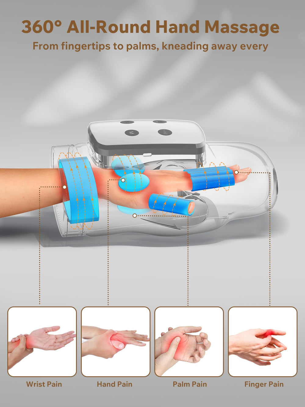 cilotus cordless hand massager palm-compression demonstrates full-hand relief through adjustable pressure.