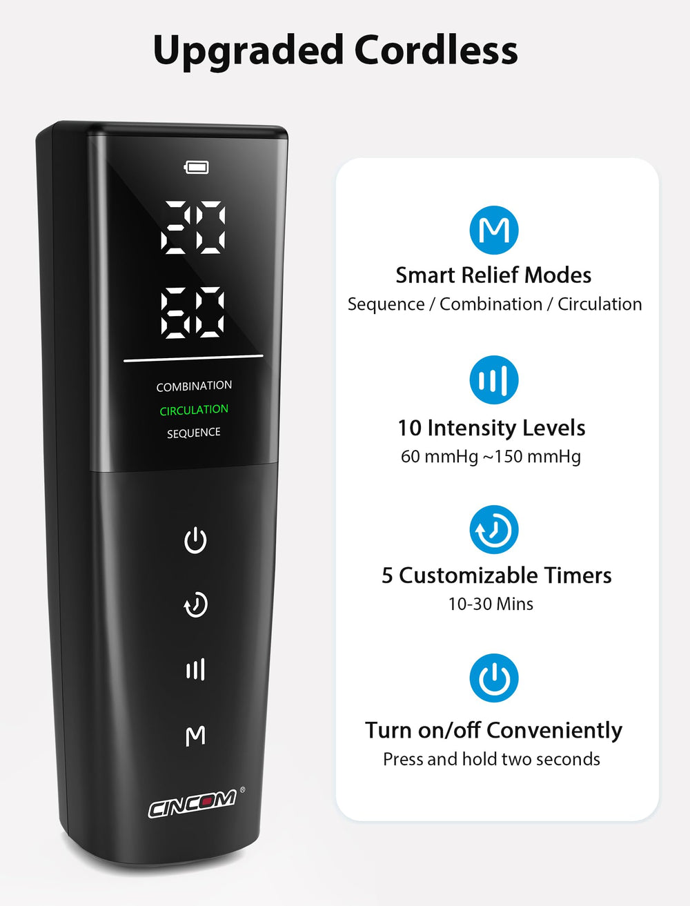 CINCOM device displaying 3 massage modes for tailored relief