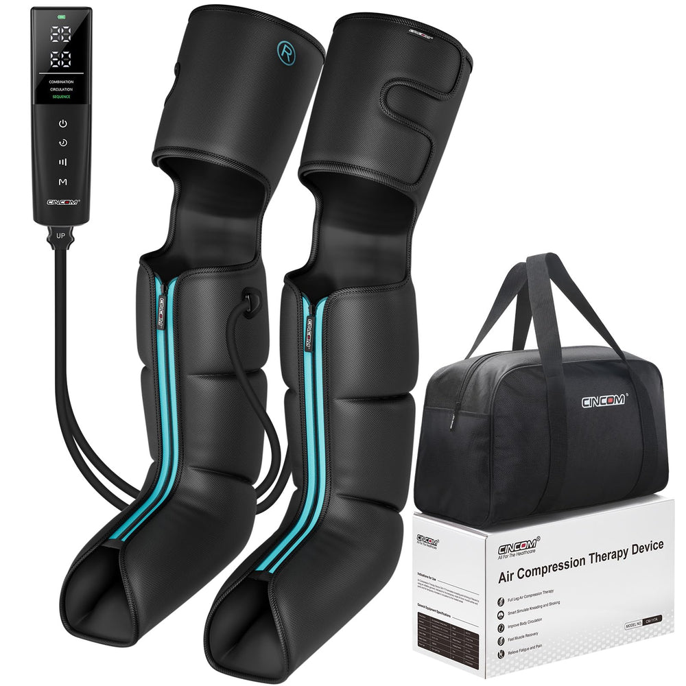 CINCOM cordless air compression massager shown in use for leg relief and circulation support
