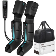 CINCOM cordless air compression massager shown in use for leg relief and circulation support