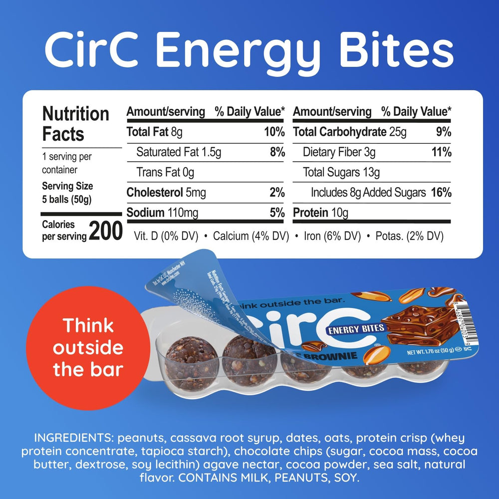 CirC Energy Bites close-up showing soft texture and chocolate brownie flavor.