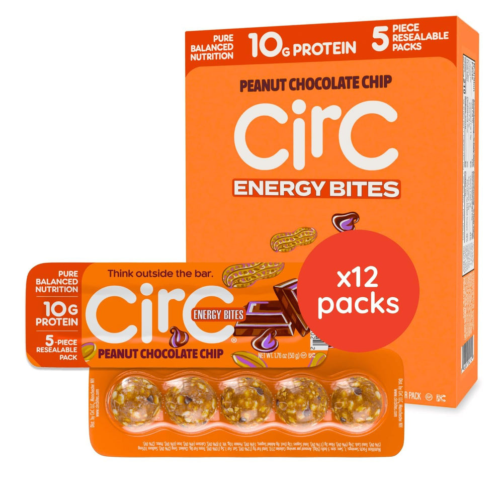 CirC Energy Bites pack front, peanut chocolate chip, ideal on-the-go protein snack.