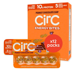 CirC Energy Bites pack front, peanut chocolate chip, ideal on-the-go protein snack.
